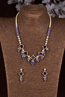 Gold Finish Moissanite Polki & Purple Stone Long Necklace Set In Sterling Silver