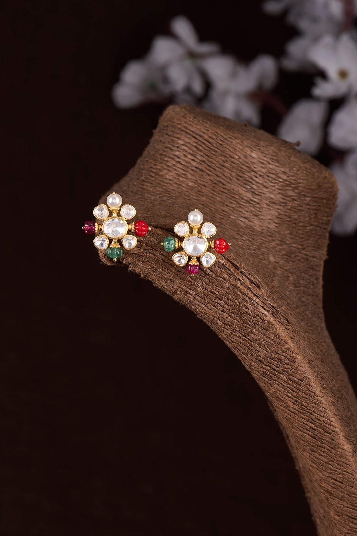 Gold Finish Moissanite Polki & Multi-Colored Stone Stud Earrings In Sterling Silver