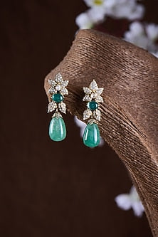 Gold Finish Moissanite Polki & Green Stone Dangler Earrings In Sterling Silver