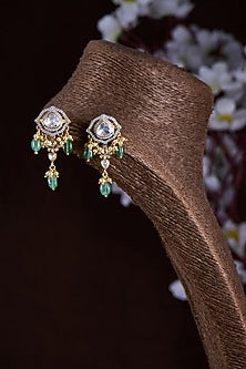 Gold Finish Moissanite Polki & Green Synthetic Stone Dangler Earrings In Sterling Silver