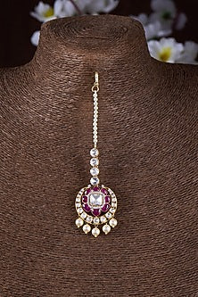 Gold Finish Moissanite Polki & Red Stone Maangtikka In Sterling Silver