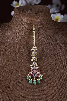 Gold Finish Moissanite Polki & Multi-Colored Stone Maangtikka In Sterling Silver