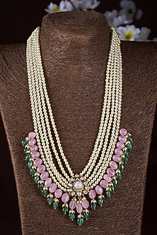 Gold Finish Moissanite Polki & Pink Stone Long Necklace In Sterling Silver