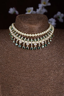 Gold Finish Moissanite Polki & Green Stone Choker Necklace In Sterling Silver