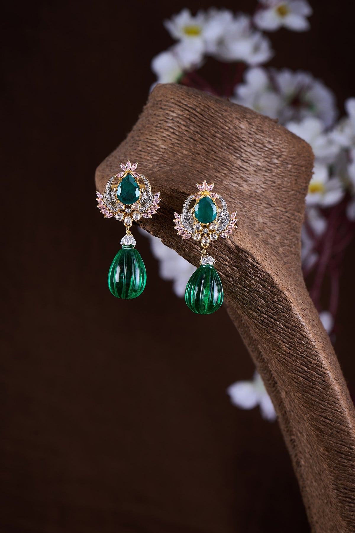 Gold Finish Moissanite Polki & Green Stone Dangler Earrings In Sterling Silver