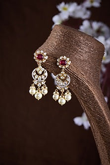 Gold Finish Moissanite Polki & Red Stone Dangler Earrings In Sterling Silver