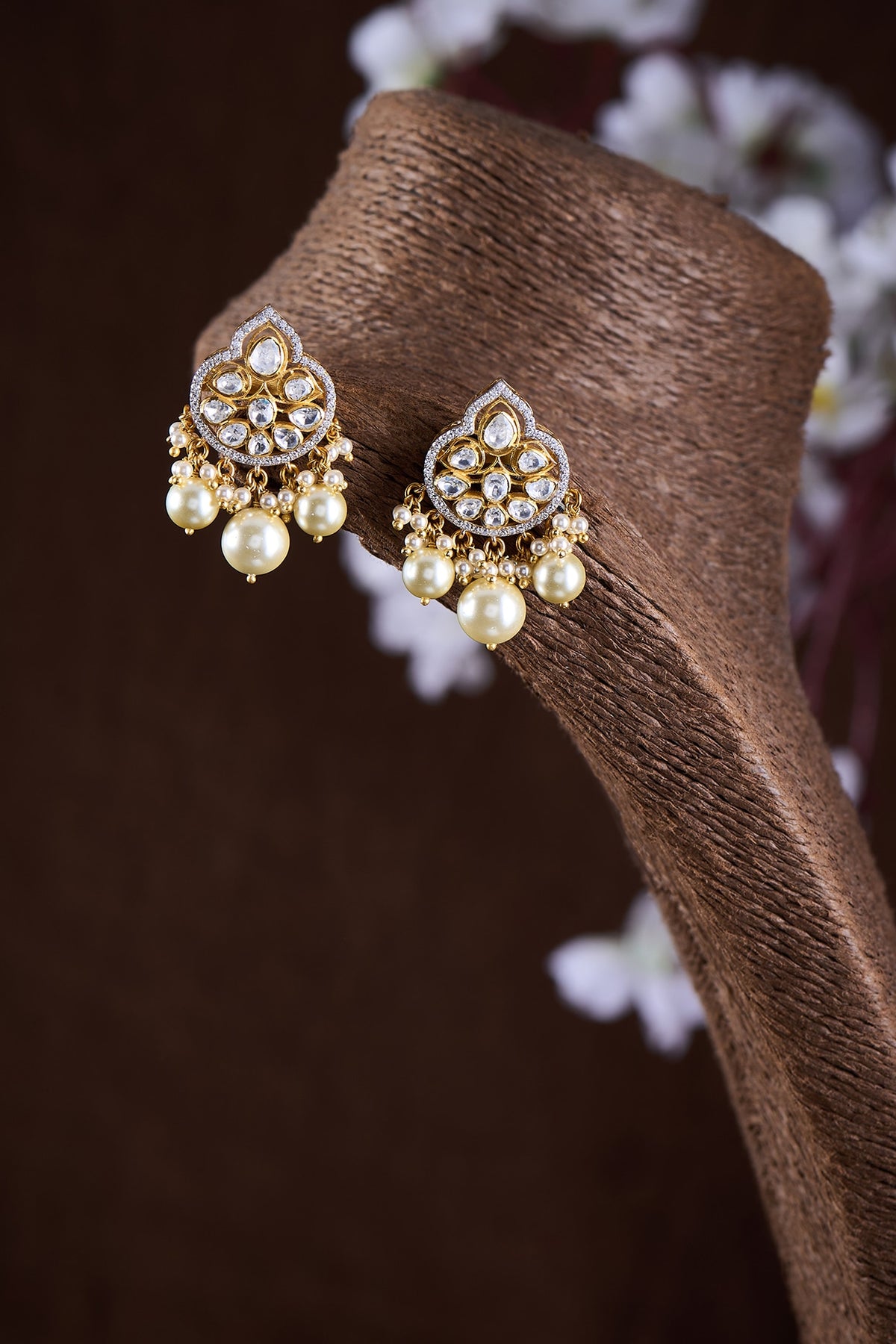 Gold Finish Moissanite Polki & Pearl Dangler Earrings In Sterling Silver