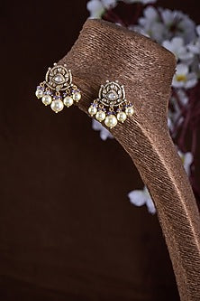 Gold Finish Moissanite Polki & Pearl Dangler Earrings In Sterling Silver