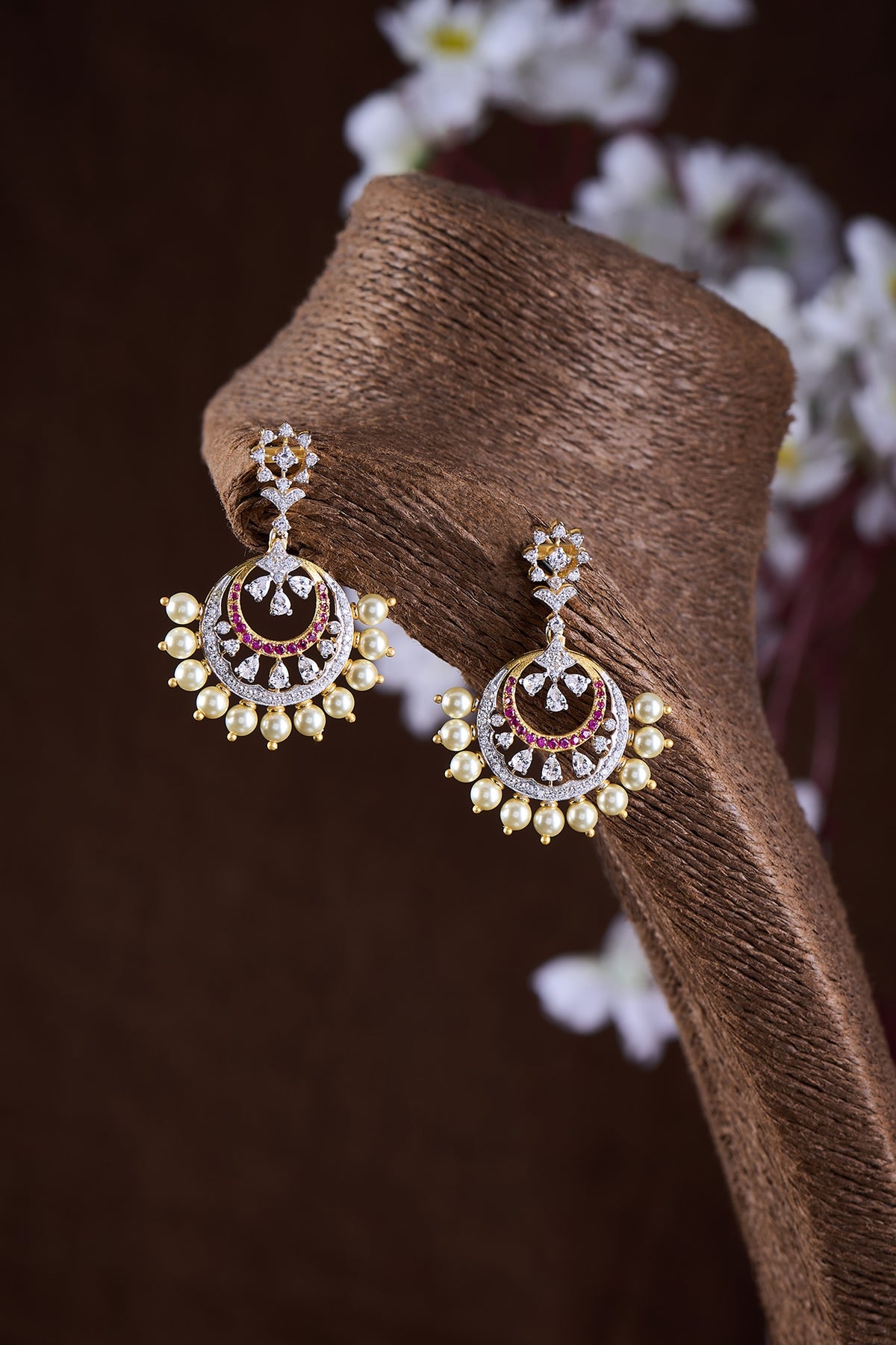 Gold Finish Moissanite Polki & Red Stone Chandbali Earrings In Sterling Silver