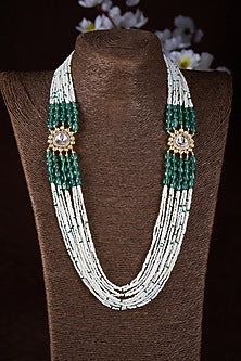 Gold Finish Moissanite Polki & Green Stone Long Necklace In Sterling Silver
