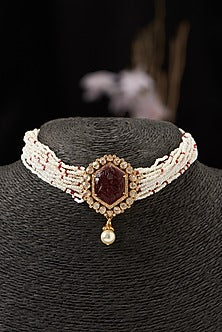 Gold Finish Pearl Choker Necklace In Sterling Silver