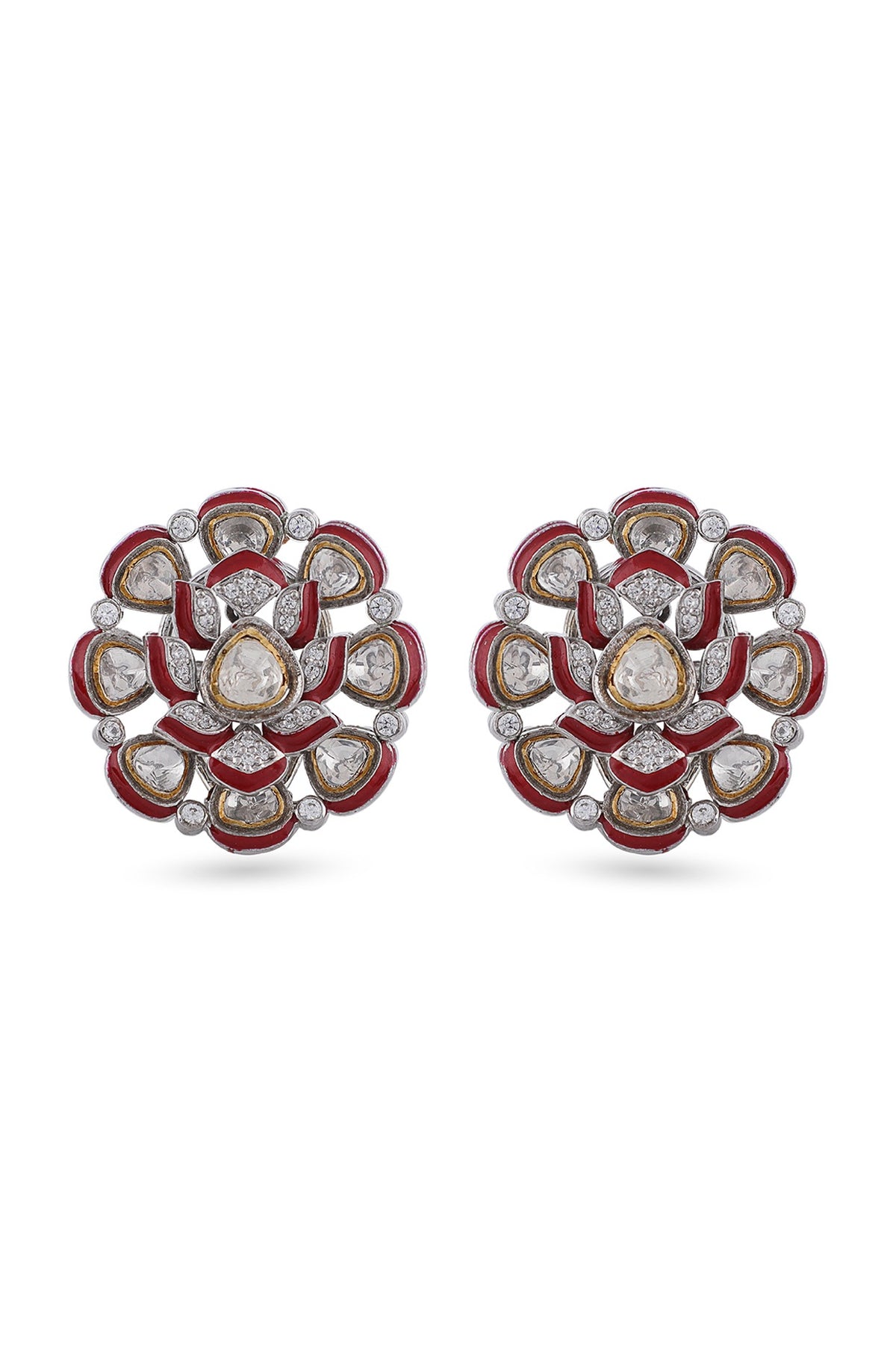 Gold Finish Synthetic Emerald Stone & Swarovski Stud Earrings In Sterling Silver