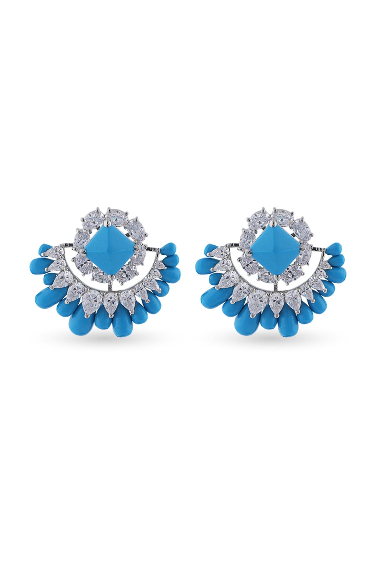 White Finish Turquoise Stone & Swarovski Stud Earrings In Sterling Silver