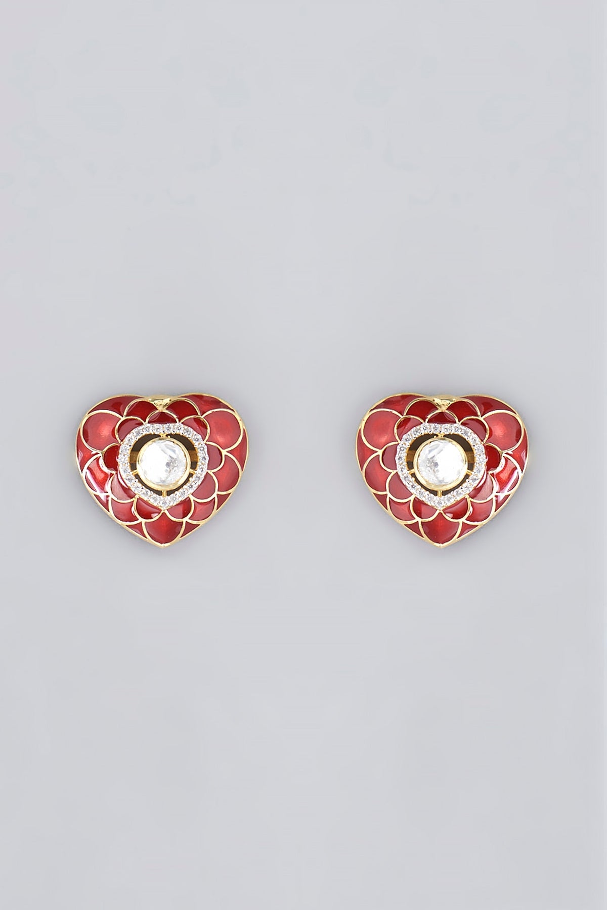Gold Plated Red Stones & Moissanite Polki Handcrafted Enamelled Stud Earrings In Sterling Silver