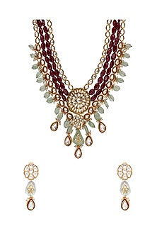 Gold Finish Red Onyx Kundan Necklace Set
