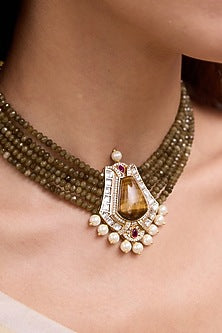 Gold Finish Green Beaded & Kundan Polki Layered Necklace Set