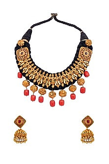 Gold Finish Coral Beaded Temple Necklace Set
