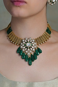 Yellow Gold Finish Emerald Green & White Stone Necklace Set
