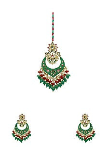 Gold Finish Enameled Dark Mint Meenakari Maang tikka Set