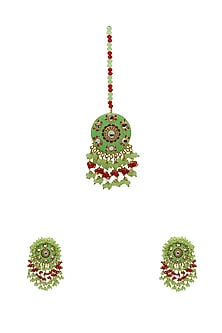 Gold Finish Green Beaded Meenakari Maang tikka Set