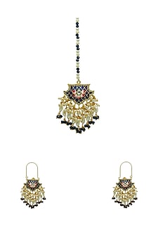 Gold Finish Blue Beaded Enameled Meenakari Maang tikka Set