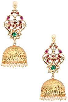 Gold Finish Semi Precious Stone Jhumki Earrings