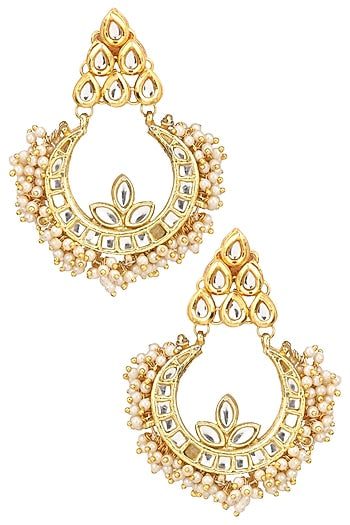 Gold Finish Kundan and Pearl Crescent Earrings