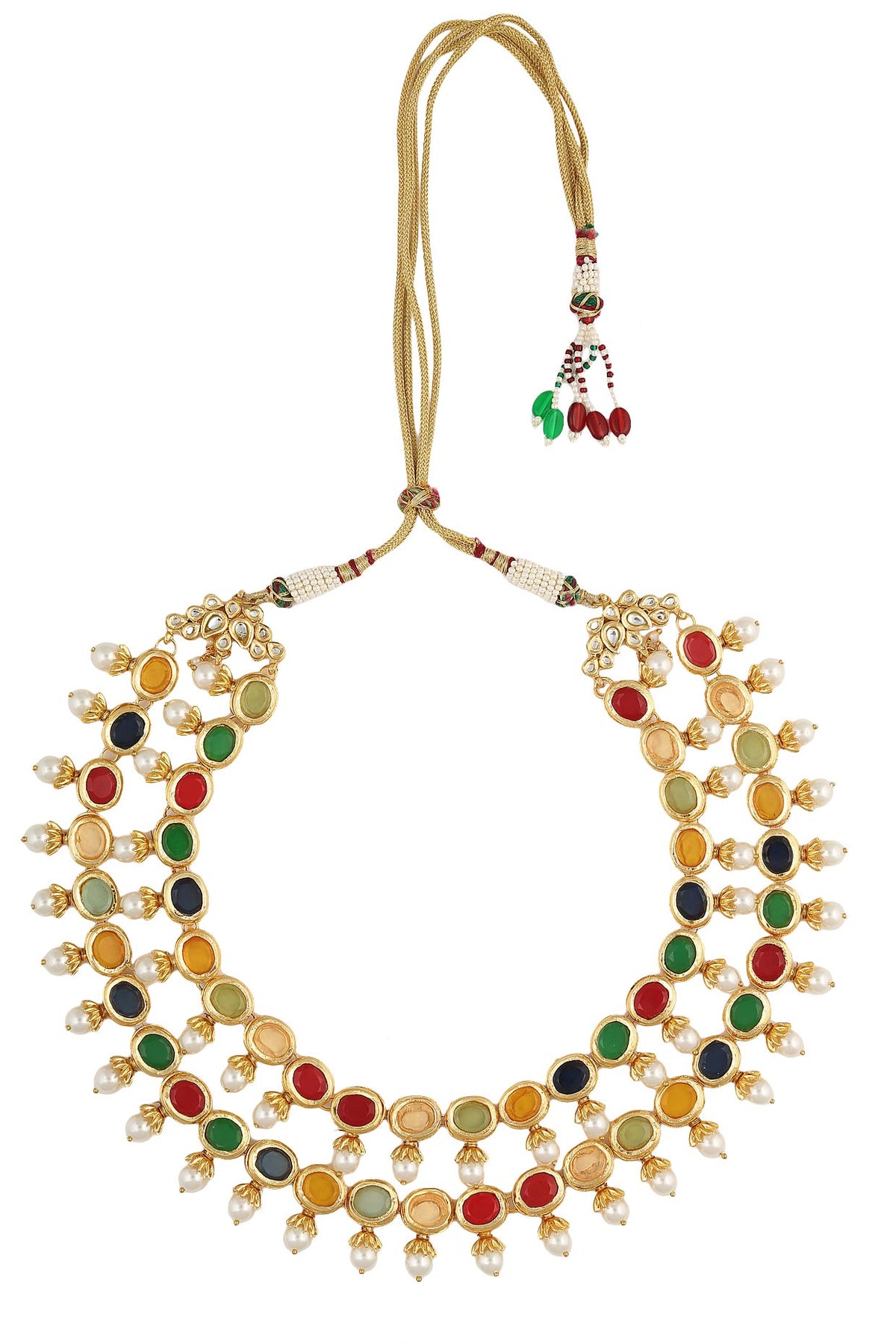 Gold finish navratan stone 2 liner string necklace