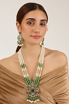Two-Tone Finish Pearl & Green Aventurine Beaded Long Necklace Set