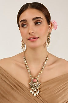 Gold Finish Kundan Polki & Rose Doublet Stone Long Necklace Set