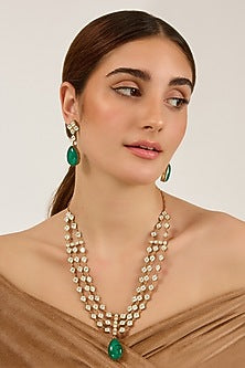 Gold Finish Moissanite Polki & Emerald Cabochon Stone Layered Necklace Set