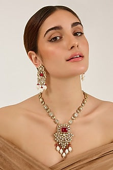 Gold Finish Moissanite & Ruby Doublet Stone Long Necklace Set