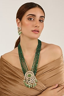 Gold Finish Uncut Kundan Polki & Emerald Agate Beaded Long Necklace Set