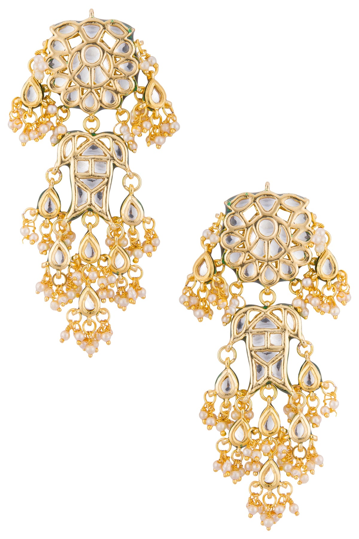 Gold plated kundan and pearl long earrings
