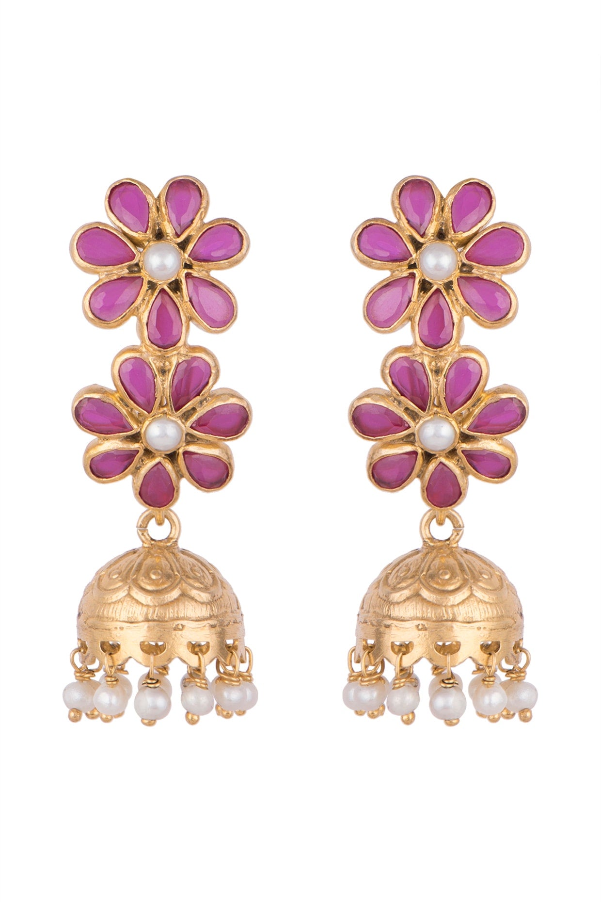 Gold Plated Double Floral Jhumka Earrings