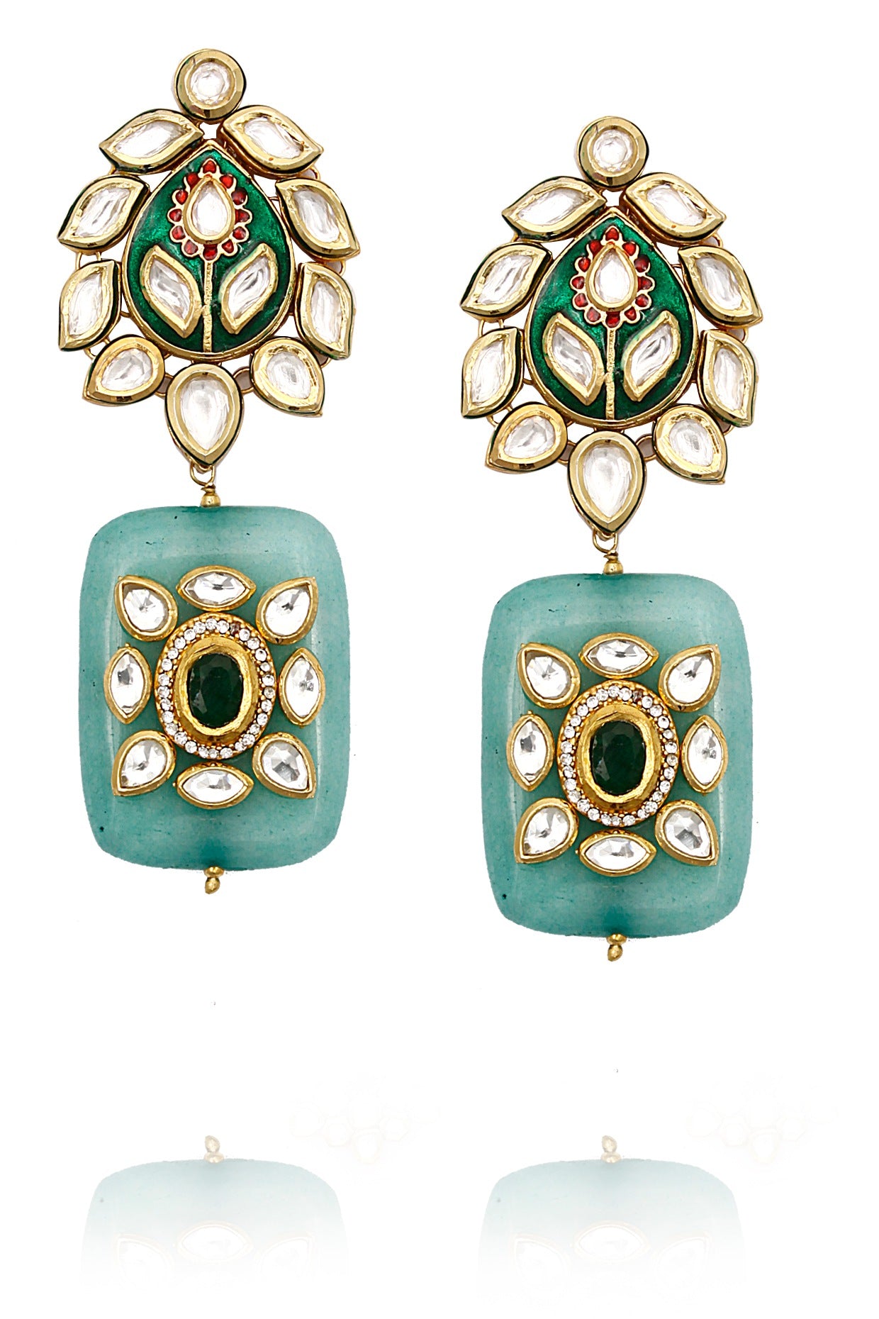 Gold Finish Kundan and Green Quartz Stone Enamelled Earrings