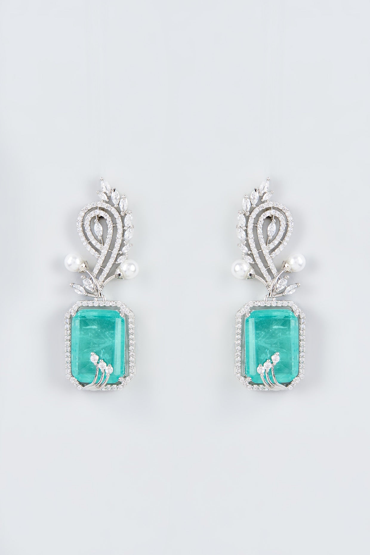 White Finish Zircon & Aqua Doublet Stone Dangler Earrings
