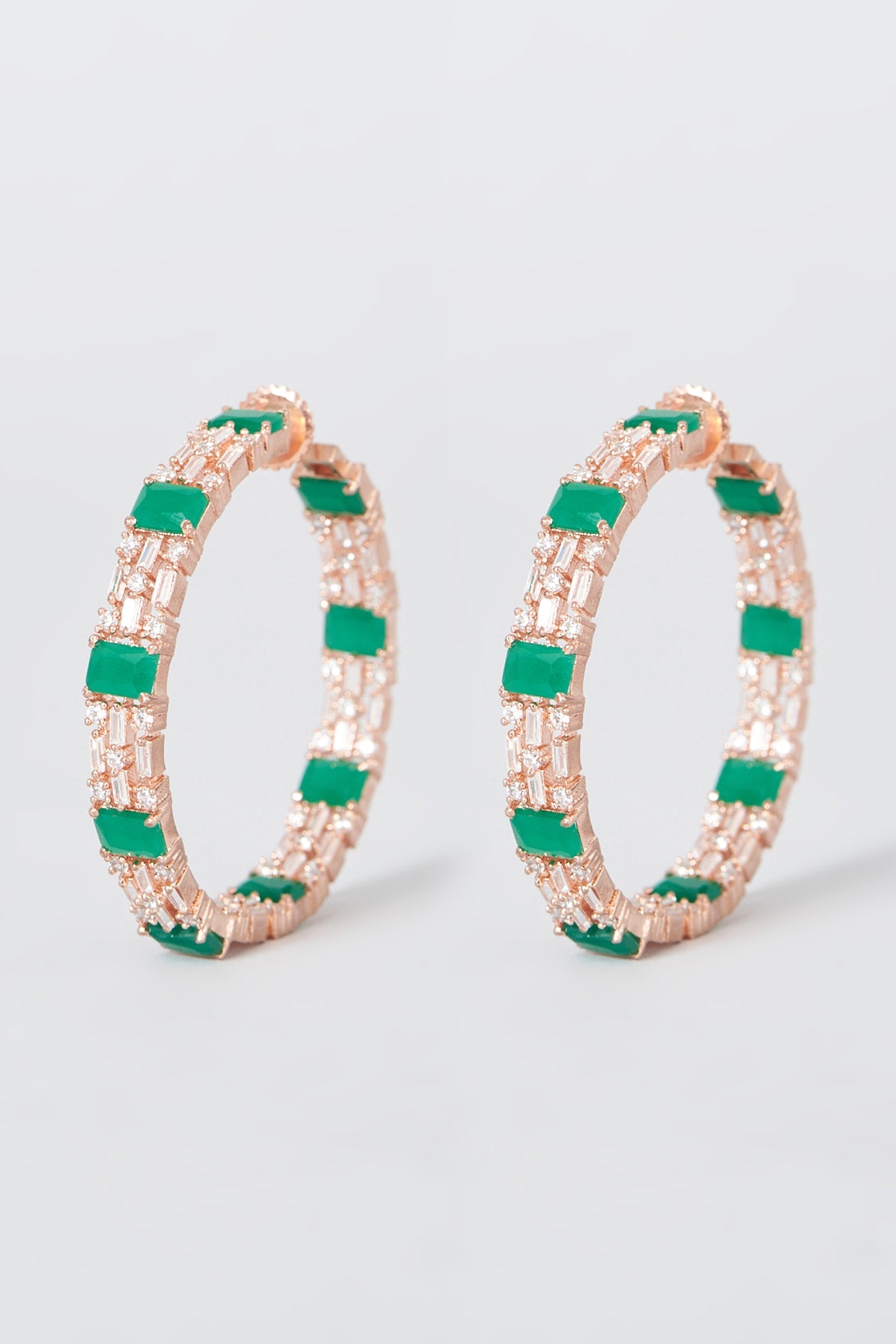 Rose Gold Finish Green Synthetic Stone & Zircon Hoop Earrings