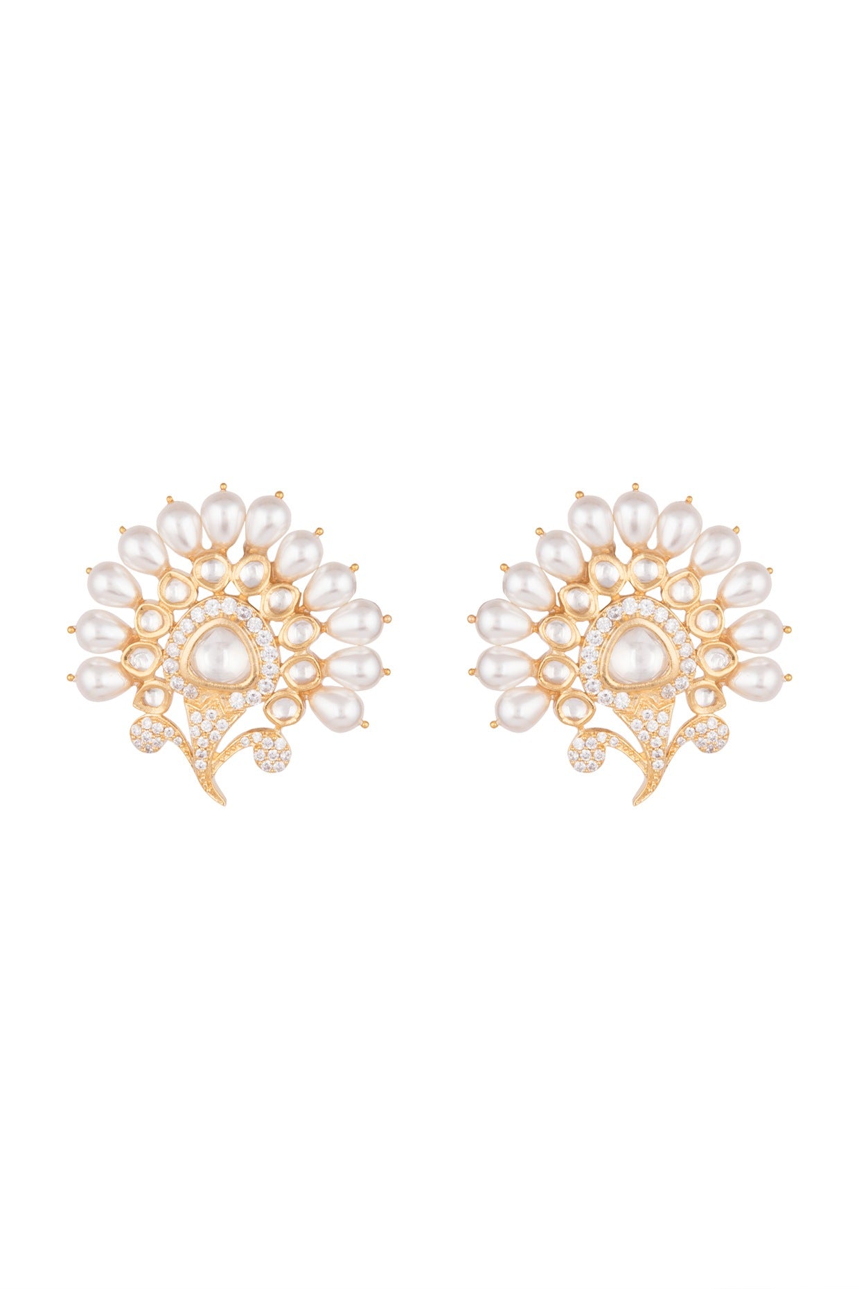 Gold Finish Faux Kundan, Pearl & Diamond Earrings
