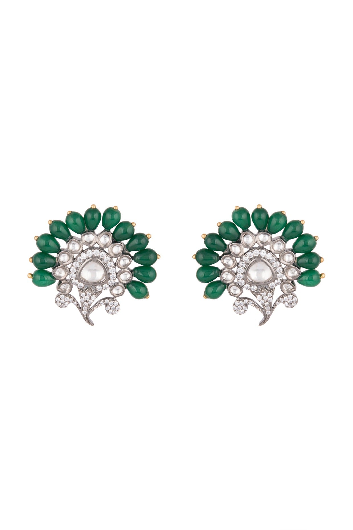 White Finish Green Bead & Faux Kundan Earrings