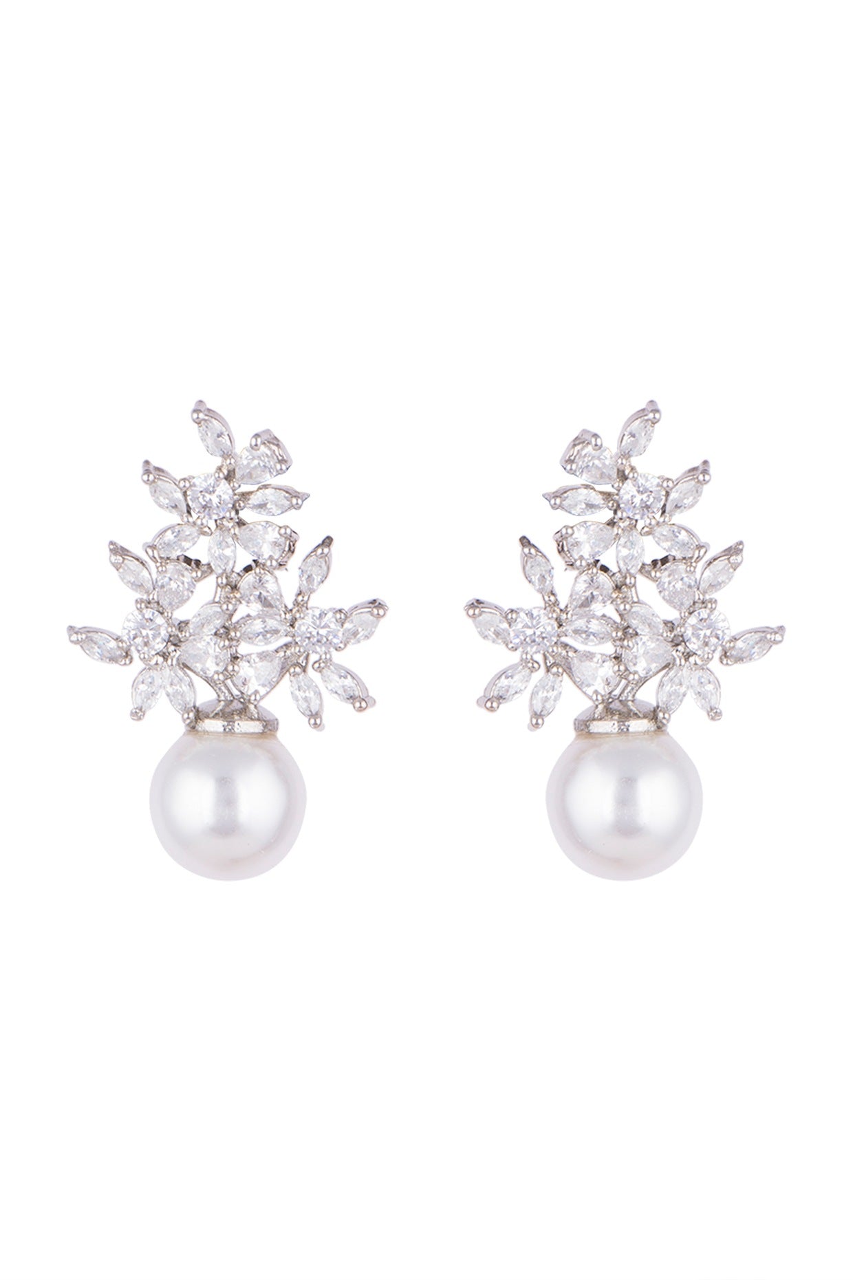 White Finish Faux Diamonds & Pearl Earrings