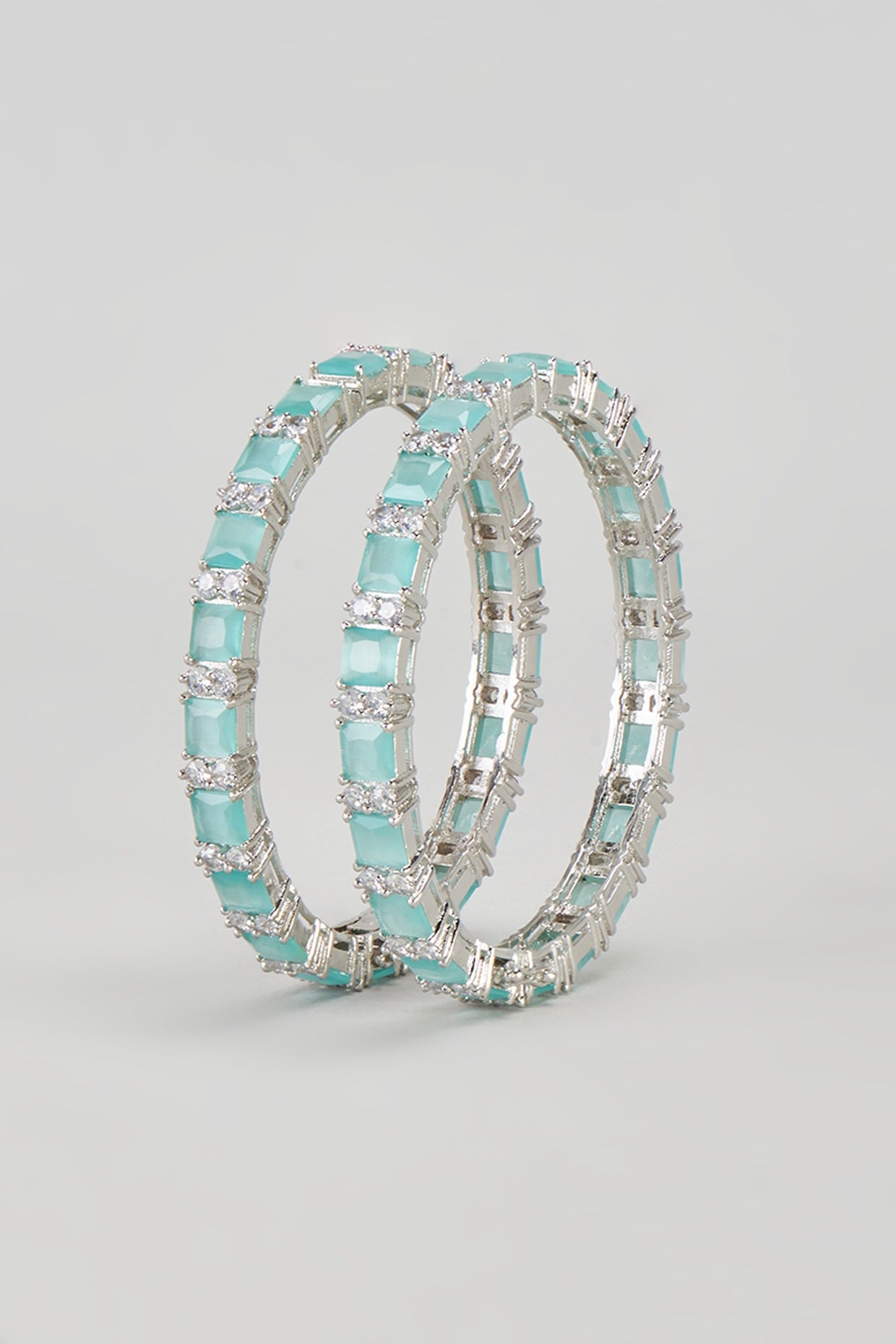 White Finish Zircon & Synthetic Aqua Stone Bangles (Set of 2)