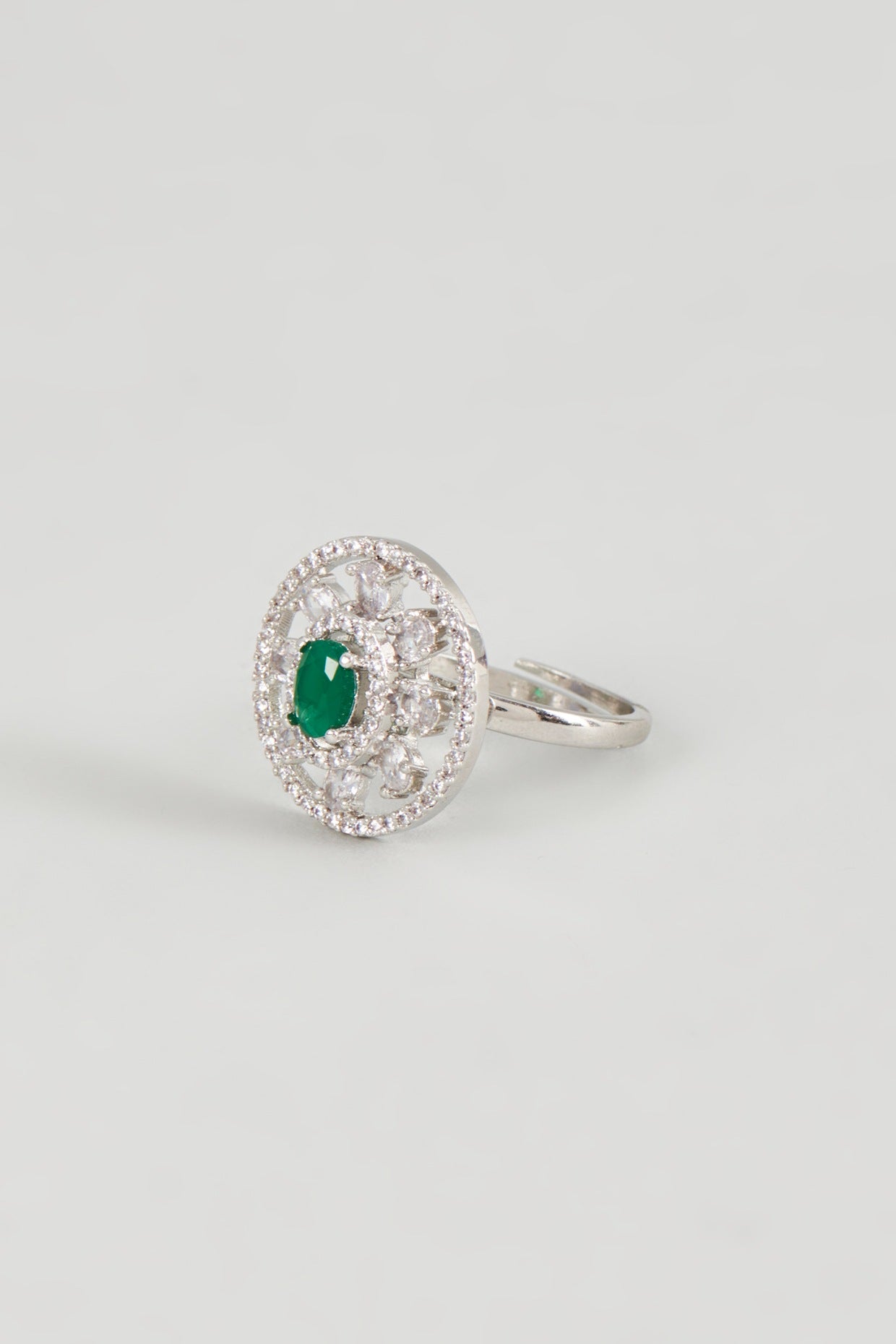 White Finish Zircon & Green Stone Ring
