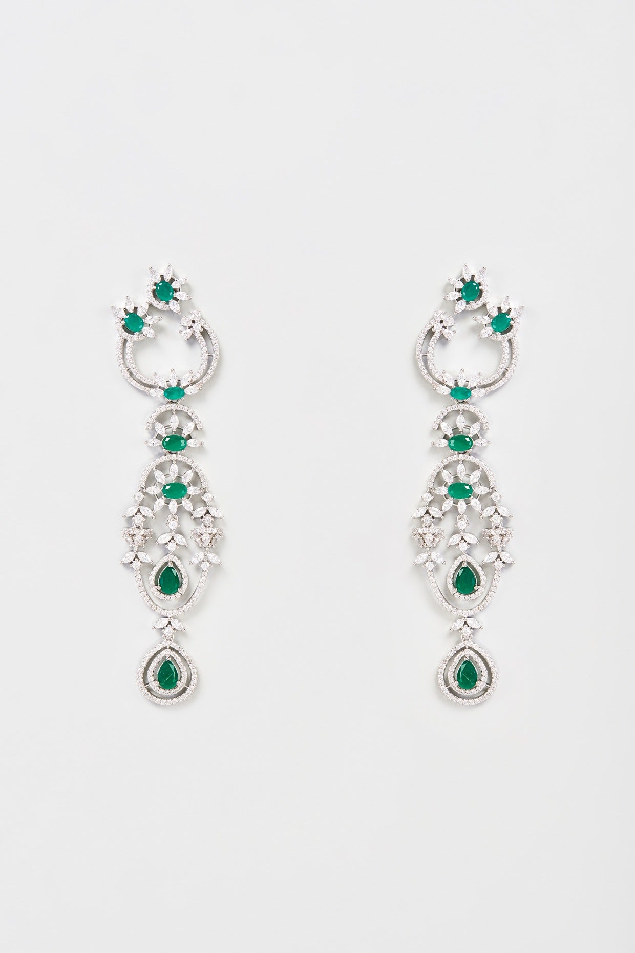 White Finish Faux Diamond & Emerald Dangler Earrings