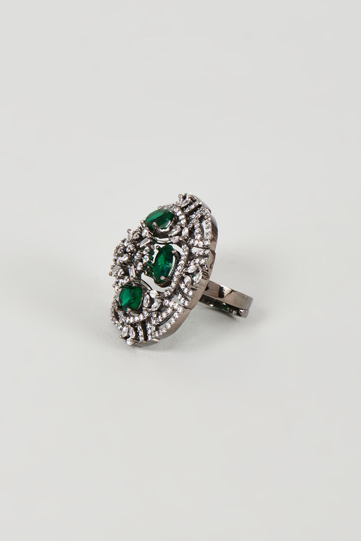 White Finish Faux Diamond & Green Synthetic Stone Ring