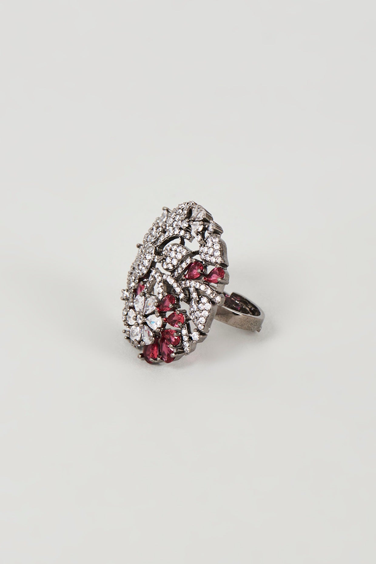 Black Rhodium Finish Faux Diamond & Ruby Synthetic Stone Ring