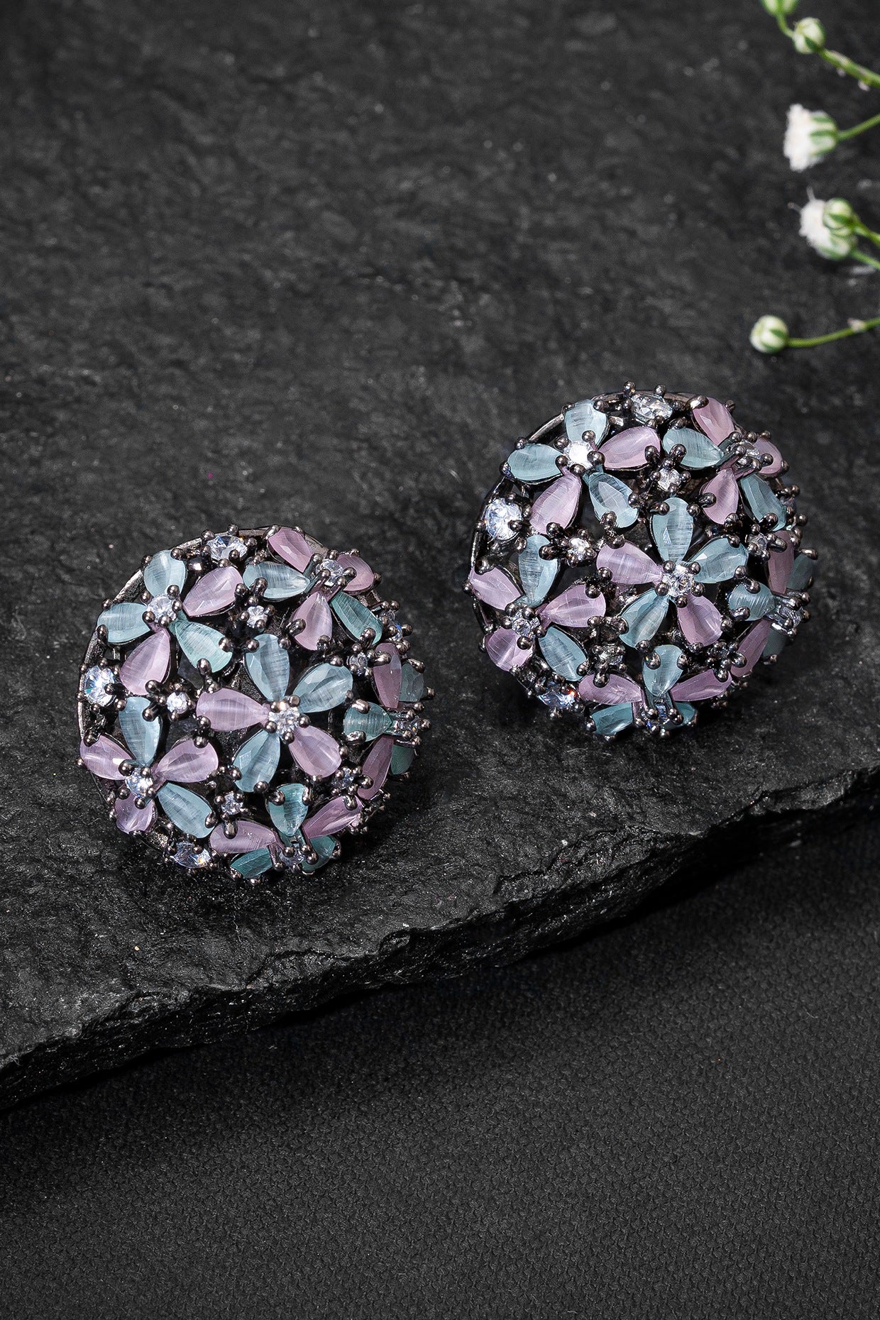 Black Rhodium Finish Multi-Colored Stone Stud Earrings