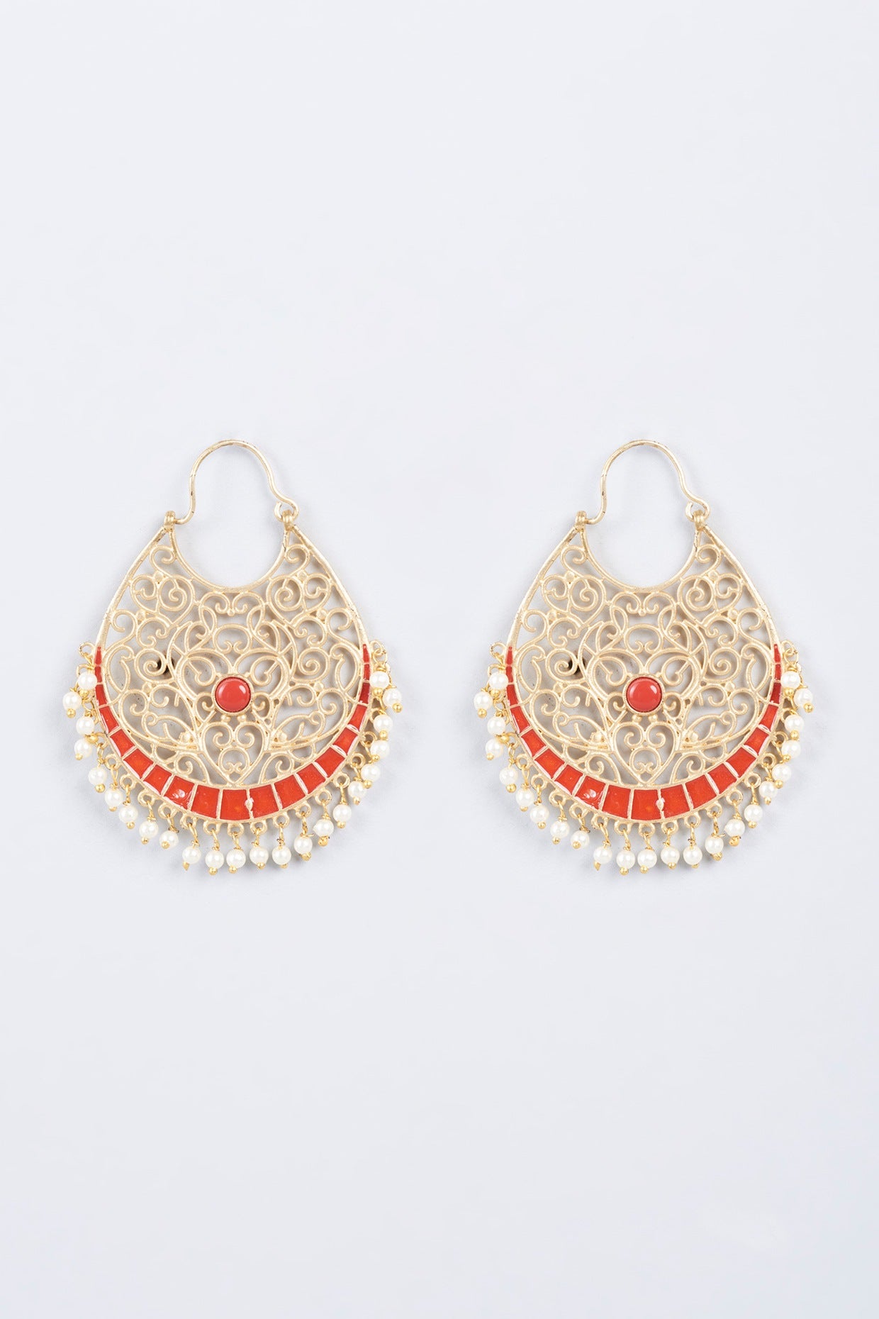 Gold Finish Coral Stone Chandbaali Earrings