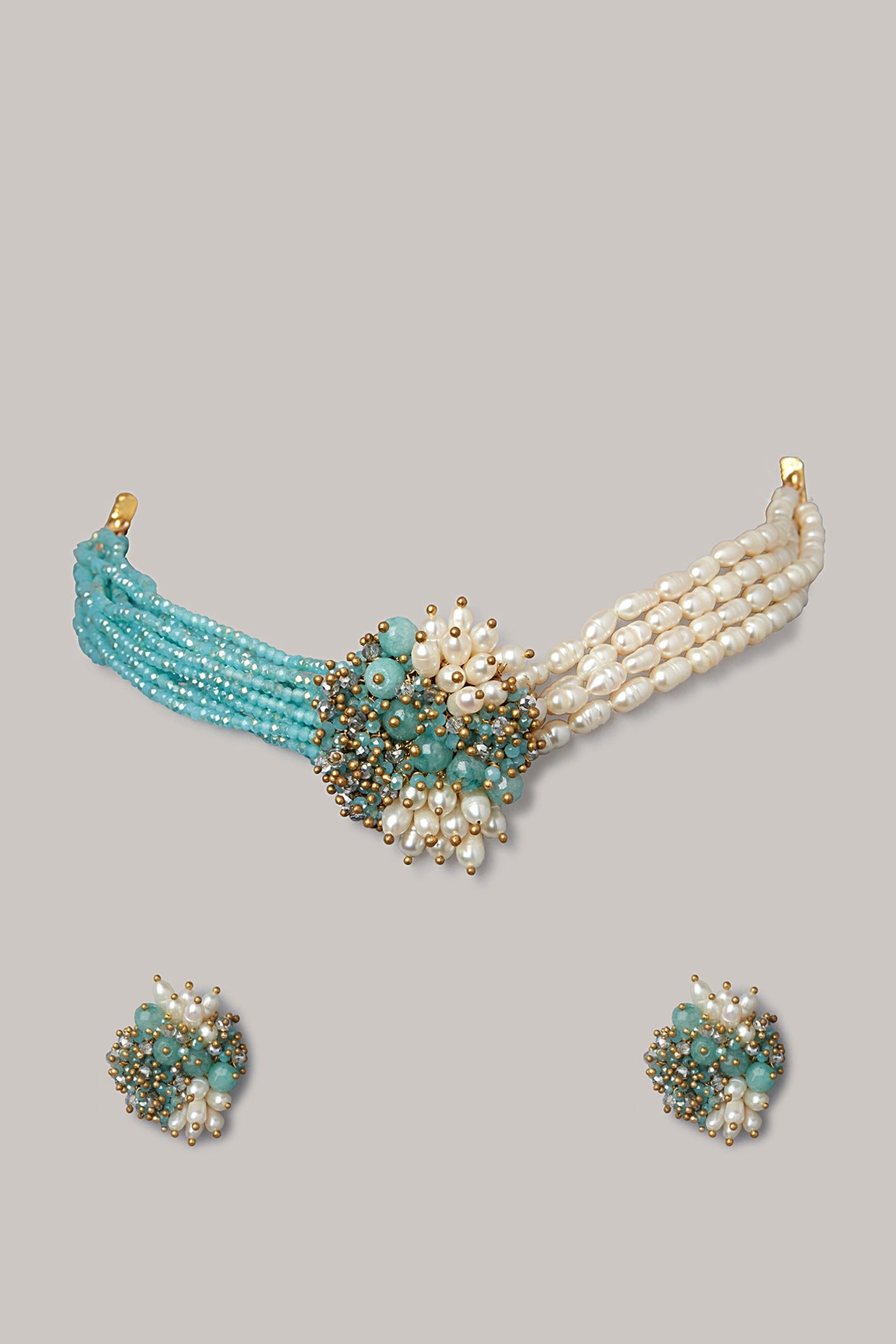 Gold Finish Turquoise Semi-Precious Stone Choker Necklace Set