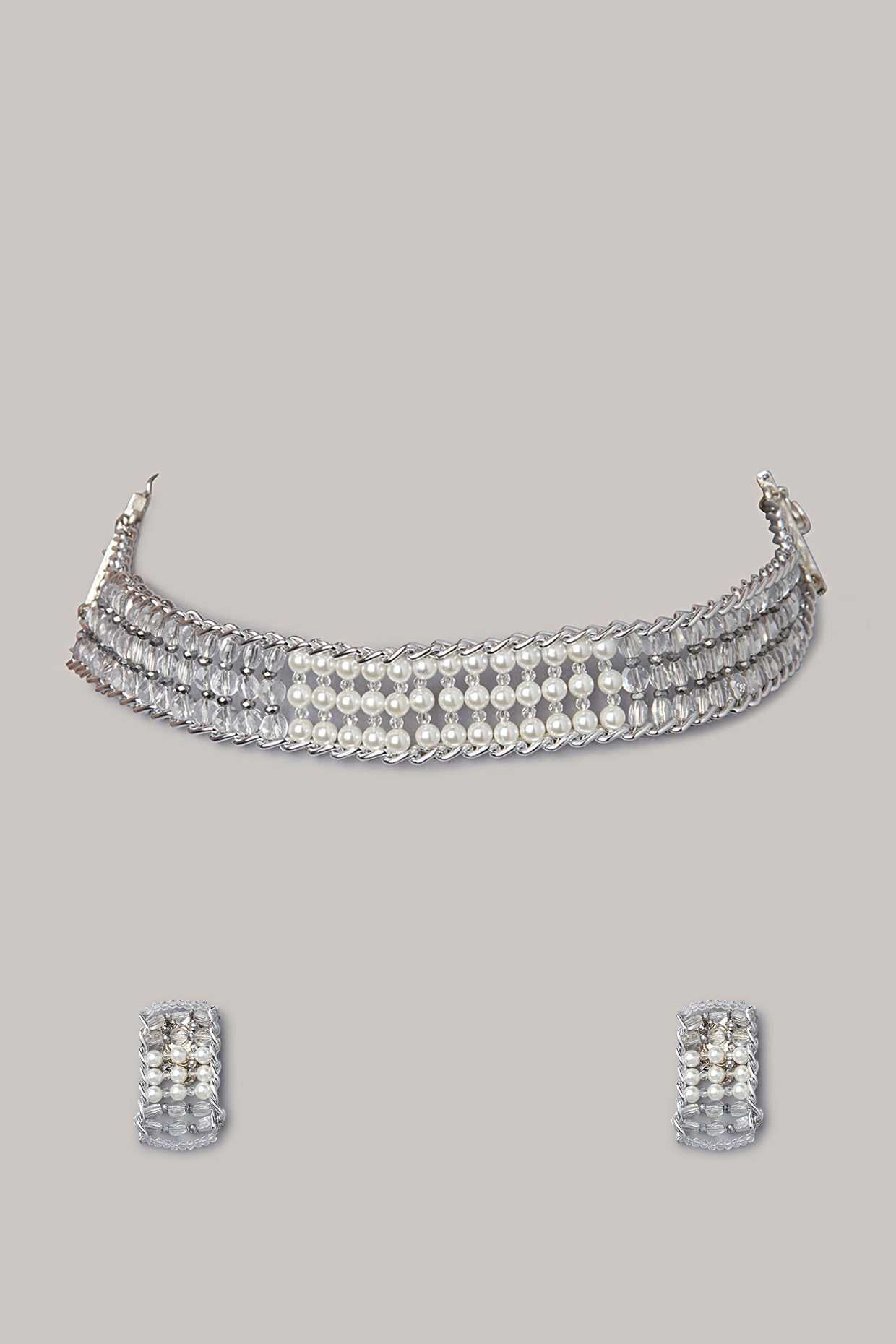 Silver Finish Vintage Pearl Choker Necklace Set